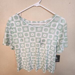 Miss Chievous Mint Green Happy Face Mesh Crop Top XL NWT (5869)